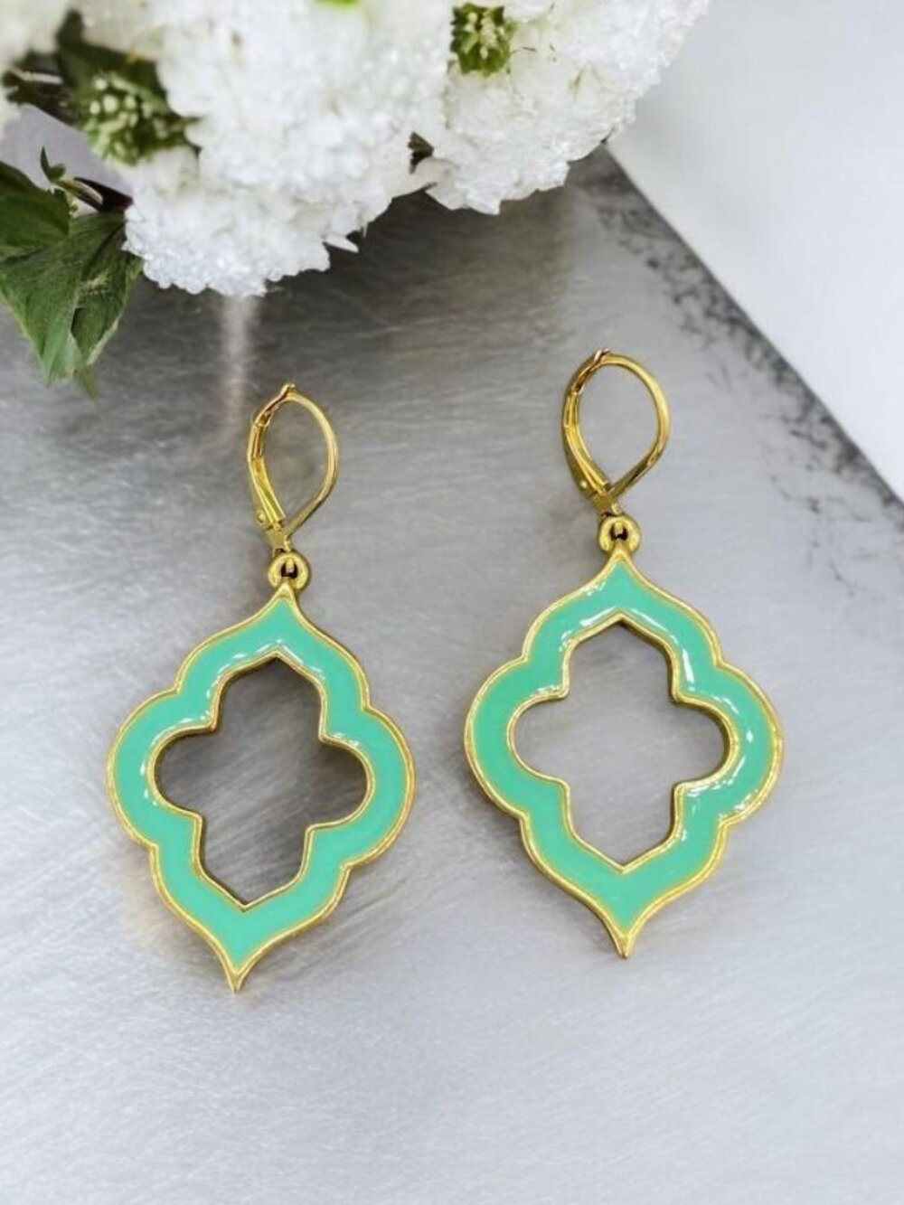 Gold Tone Teal Green Enamel Moroccan Quatrefoil Dangle Drop Earrings Bohochic